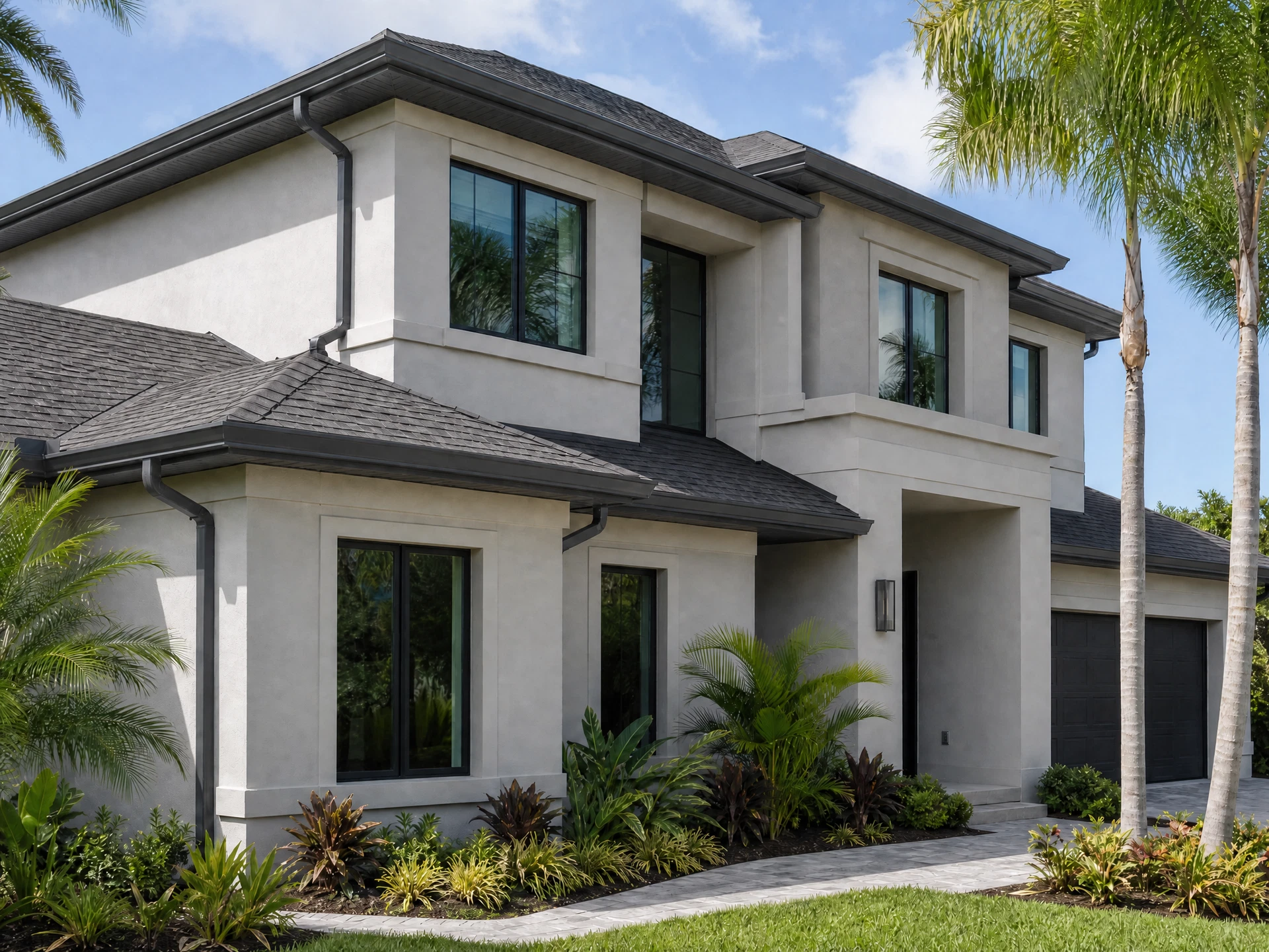 Conceptual Florida home preview with Tuxedo Gray seamless gutters and downspouts